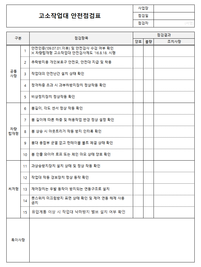 고소작업대 안전점검표