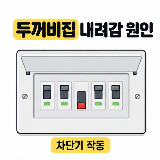 두꺼비집 내려감 원인이라는 제목 아래 여러 차단기 중 가운데 손잡이가 내려가 있고 차단기 작동 문구가 노란색으로 강조된 가정용 분전함 그림