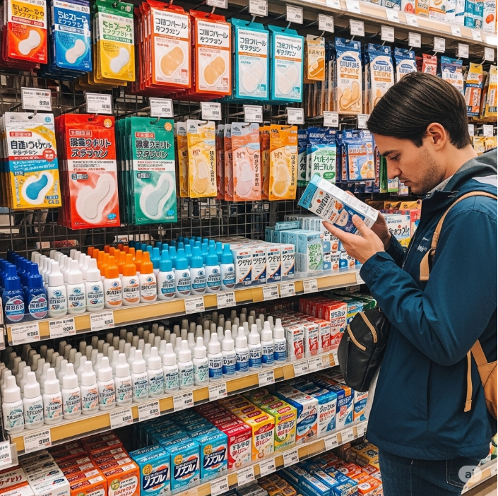 돈키호테 의약품 코너의 진열대. 다양한 파스와 안약, 위장약들이 깔끔하게 진열되어 있고, 한 여행객이 제품 설명을 꼼꼼히 읽어보고 있는 이미지