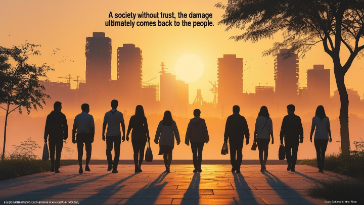 도시 전경 위로 퍼지는 햇살 이미지, 사회적 신뢰를 상징