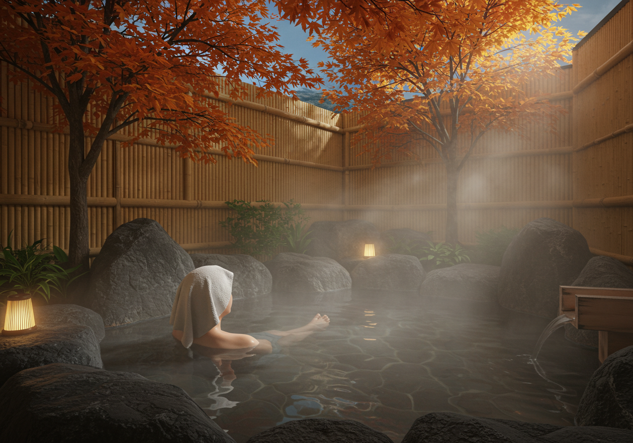 김이 피어오르는 노천온천에 머리에 수건을 올리고 앉아 있는 사람