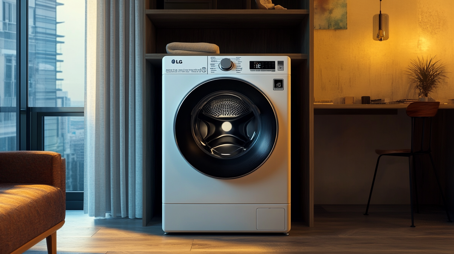 최신 기술로 제작된 LG 세탁기 겸 건조기가 현대적인 아파트에 설치되어 있으며, 공간을 효율적으로 활용하고 세련된 디자인을 자랑하는 모습.