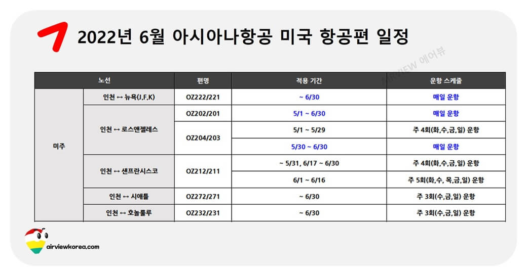 2022년-6월-아시아나항공-미국-직항-항공편-일정-기간-주당횟수-운항스케쥴-사진-표