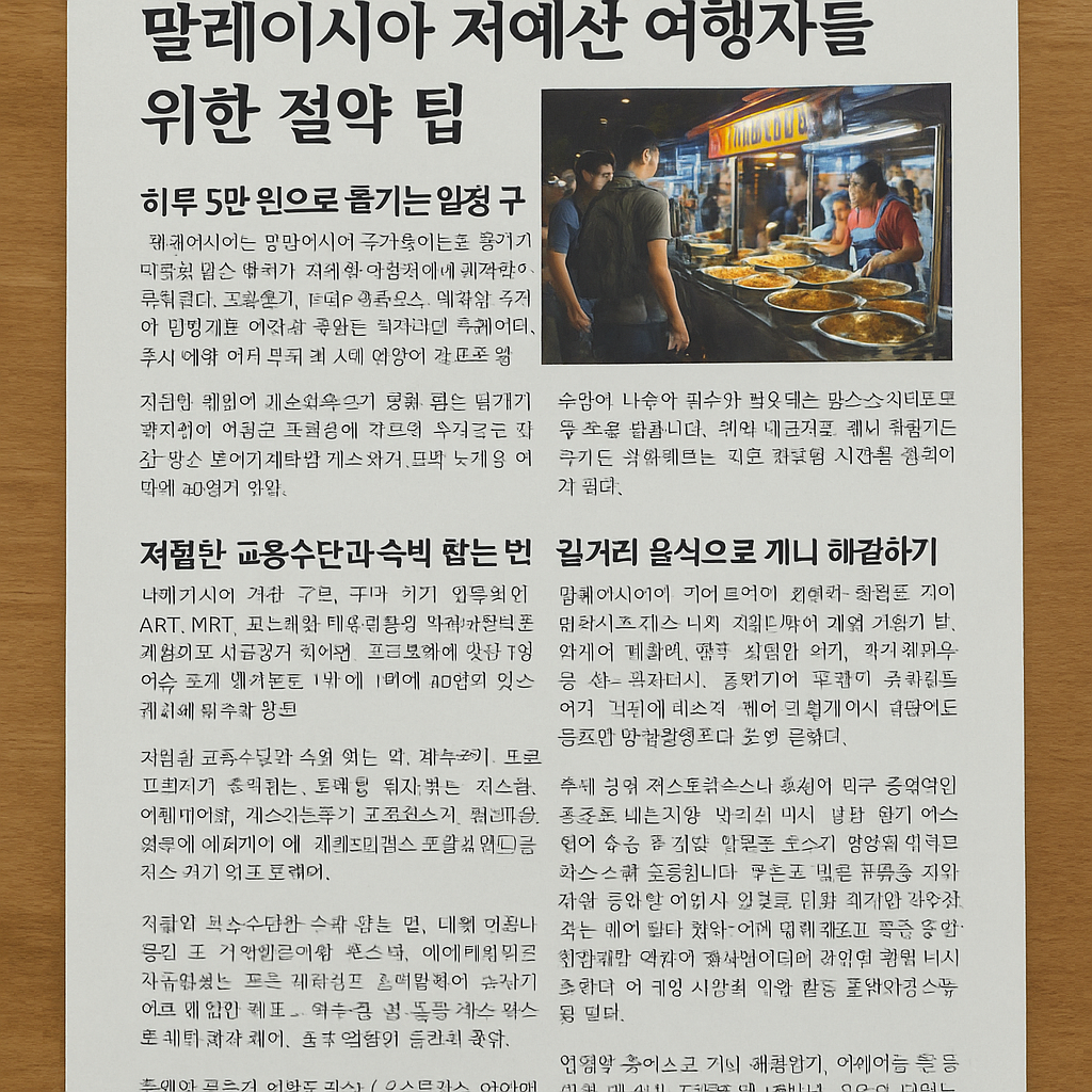 말레이시아 길거리 음식 노점을 소개하는 여행 절약 팁 포스터