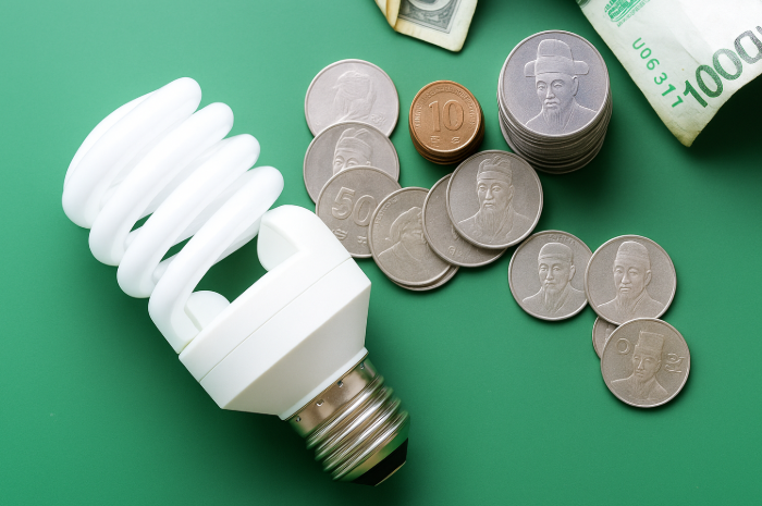 전기요금 절약을 상징하는 전구와 한국 동전 이미지