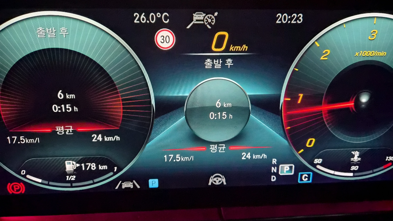 벤츠 계기판에 표시된 기어홀드 상태 주행 결과, 주행거리 6km·평균연비 17.5km/l 기록