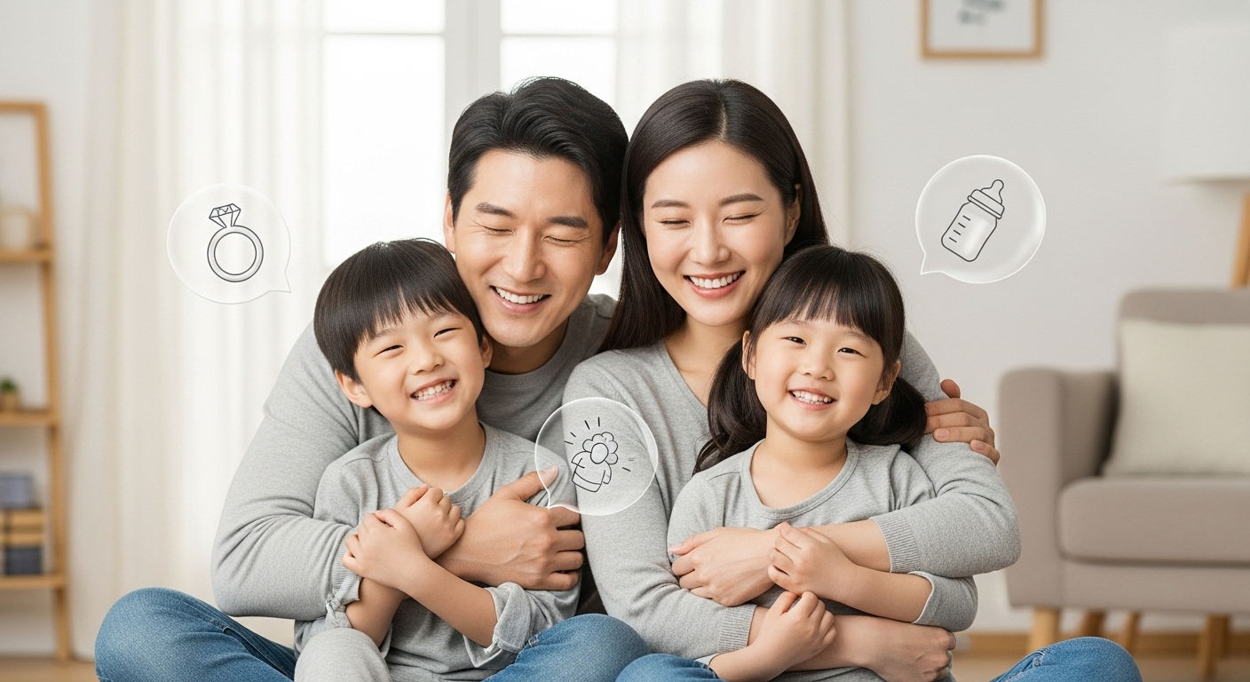 결혼세액공제와 자녀세액공제 확대를 통해 세금 혜택을 받는 행복한 한국 가족의 모습. 결혼반지와 아기 젖병 아이콘이 가족 주변에 떠 있다.