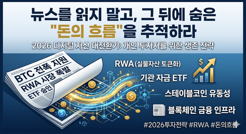 뉴스를 읽지 말고 돈의 흐름을 추적하라"는 문구와 함께 신문에서 디지털 자산의 유동성이 뿜어져 나오는 2026년 디지털 자산 투자 전략 블로그 썸네일 이미지