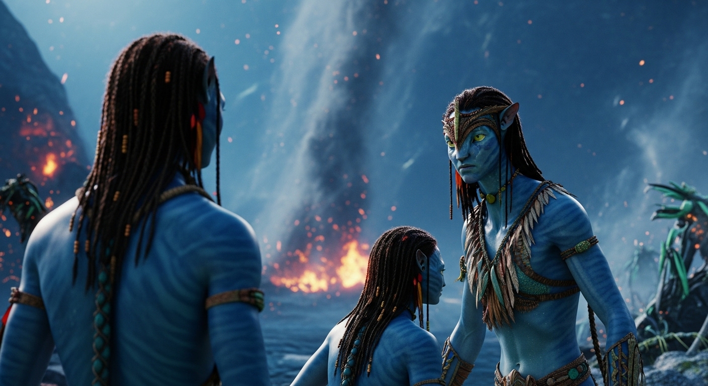불꽃과 재가 휘몰아치는 판도라 행성에서 나비족 캐릭터들이 서 있는 모습. 경이롭고 압도적인 비주얼.