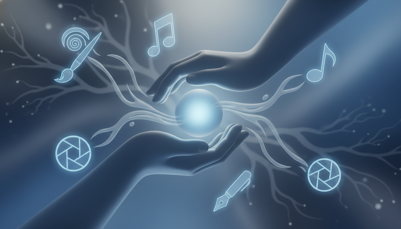 파란색과 회색 톤으로 표현된 추상적인 이미지로, 빛나는 에너지가 창작자의 손으로 흘러 들어가 붓, 음표, 펜, 카메라 렌즈 등 다양한 예술 상징으로 퍼져나가는 모습. 지원금이 예술 활동을 가능하게 함을 나타냅니다.