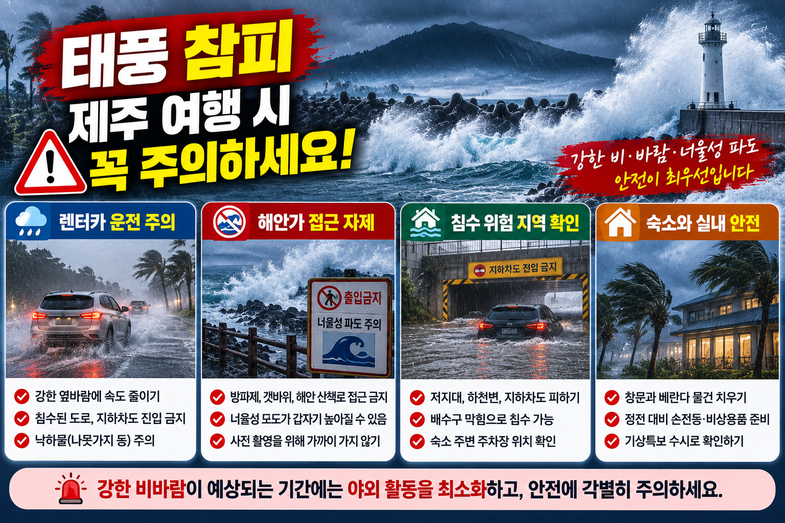 태풍 참피 제주 여행 안전수칙, 렌터카 운전 주의와 해안가 접근 자제, 침수도로 및 지하차도 진입 금지 안내