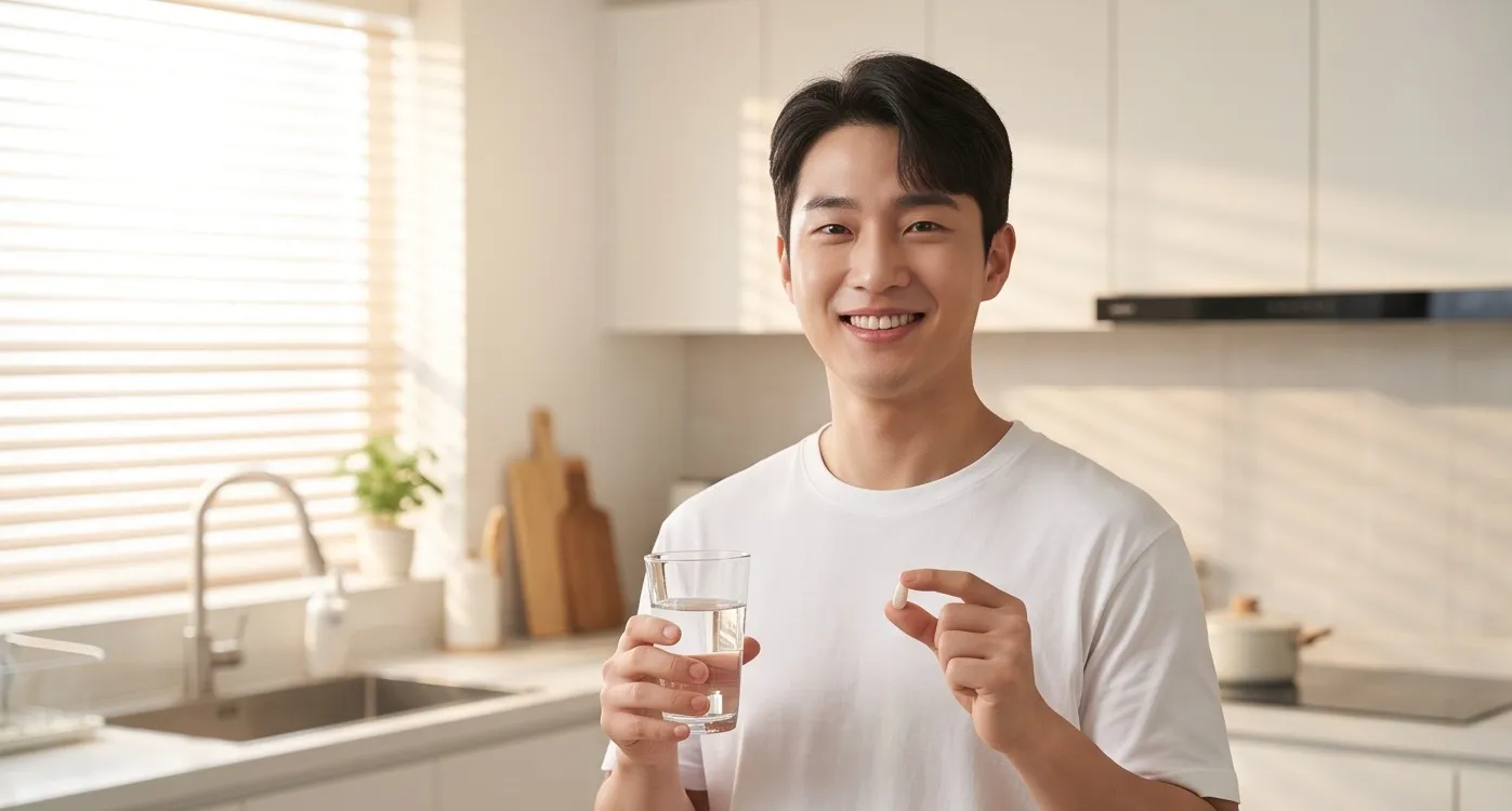 밝은 주방에서 물 한 잔과 혈압약을 들고 환하게 미소 짓는 젊은 남성