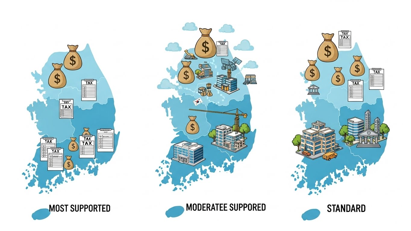 재정, 세제, 금융 지원이 지역별로 차등 적용되는 모습을 시각적으로 보여주는 인포그래픽