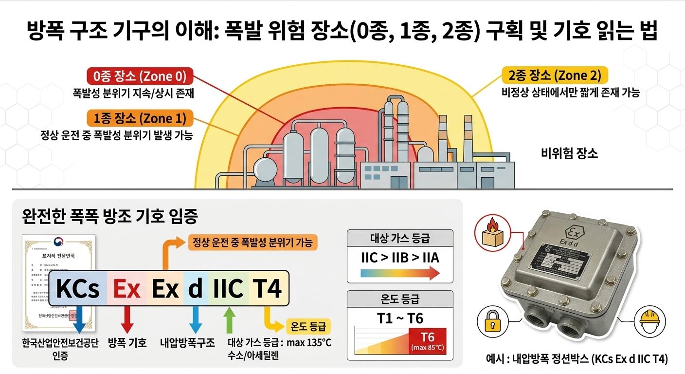 폭발 위험 장소(0종, 1종, 2종)의 구획 기준과 KCs 방폭 인증 기호(Ex d IIC T4) 구조를 알기 쉽게 나타낸 방폭 구조 기구 이해 교육용 인포그래픽 이미지
