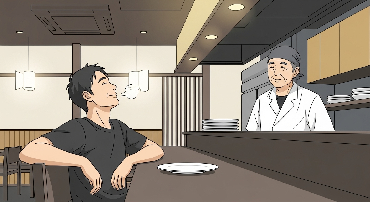배부른 손님과 흐뭇하게 손님을 지켜보고 있는 식당 사장님의 모습을 담은 일러스트.