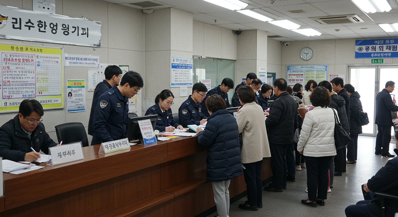 사람들이 민원을 접수하고 경찰이 안내하는 분주한 경찰서 내부 모습
