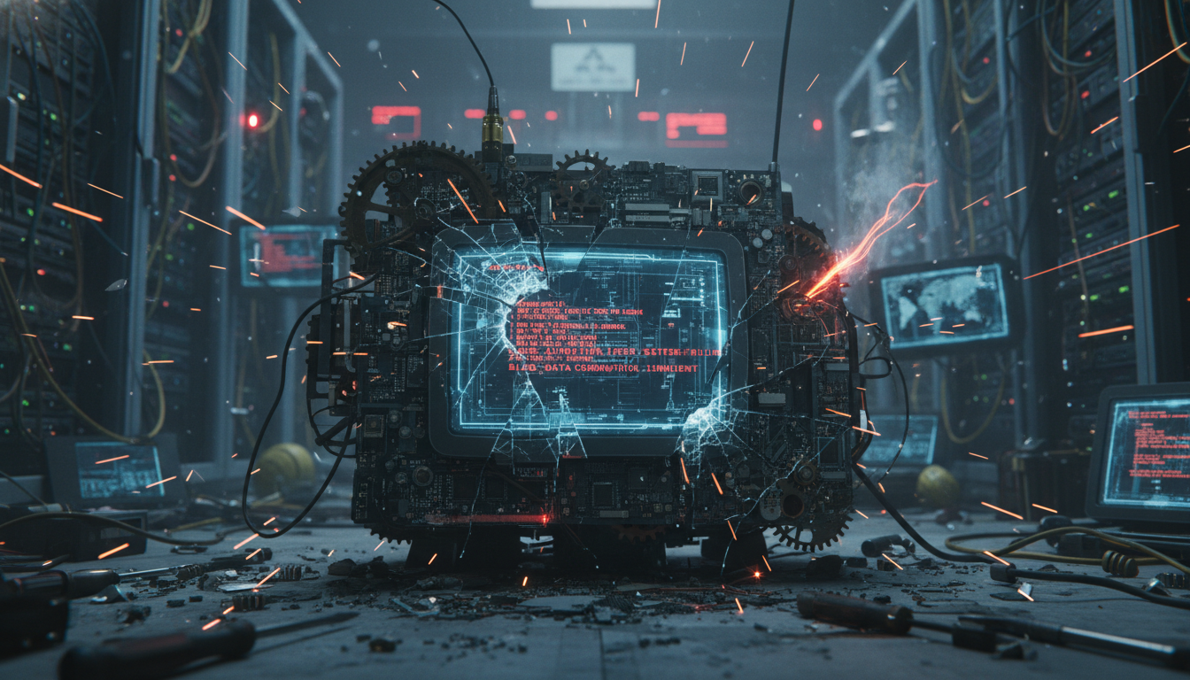 오작동하는 오래된 블로그 자동화 툴과 불안정한 시스템을 나타내는 이미지