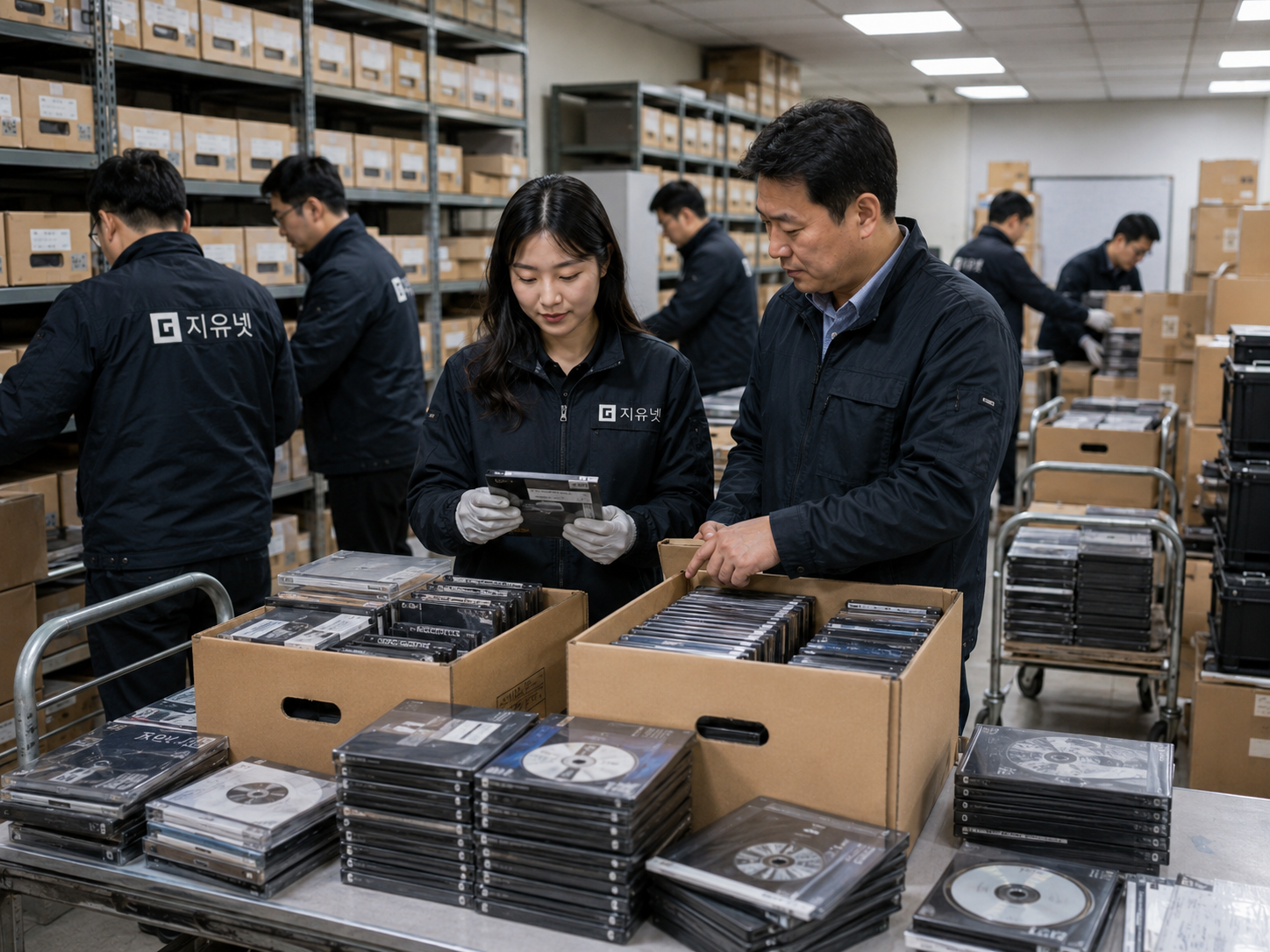 오래 보관된 콜센터 DVD를 폐기 전 자료 내용은 열람하지 않고 라벨과 보관 상태만 확인하는 장면