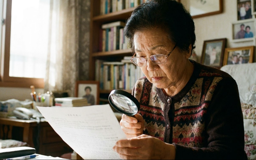 돋보기로 서류를 꼼꼼히 살펴보는 모습