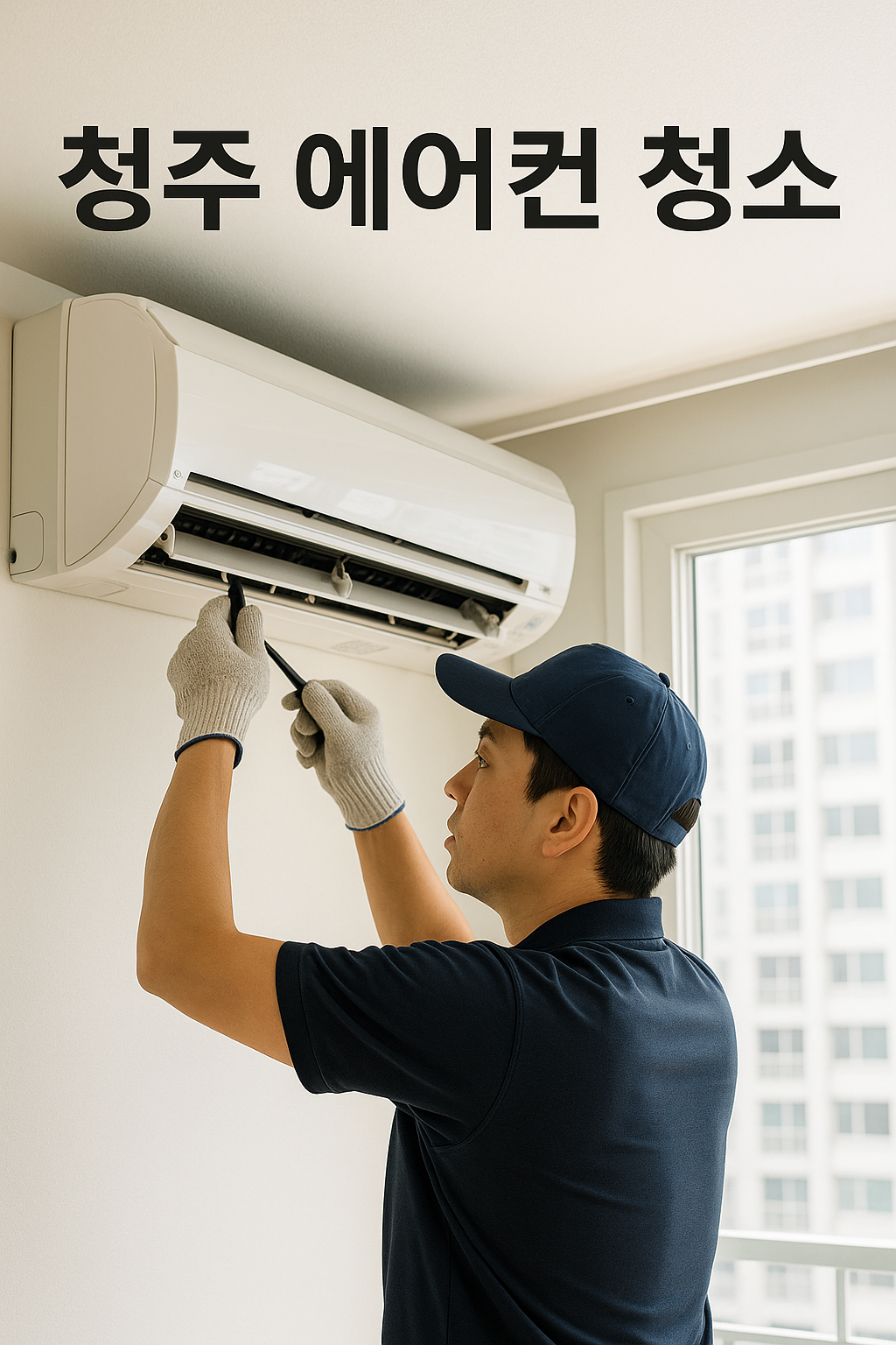 청주 아파트에서 에어컨 청소 중인 한국인 기술자