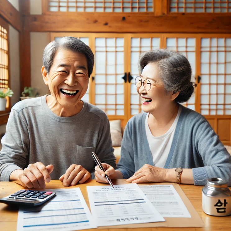 연금을 계산하며 노후 재정을 계획하는 노부부의 모습