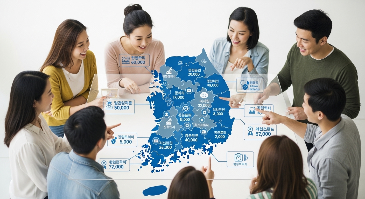 한국 지도 위에 각 지역별 출산 장려금 금액이 표시된 그래픽을 여러 부부가 함께 보며 비교하는 모습.