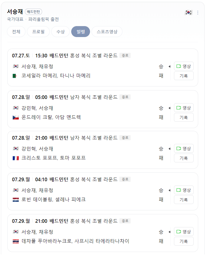 서승재 선수 남자배드민턴 경기 일정