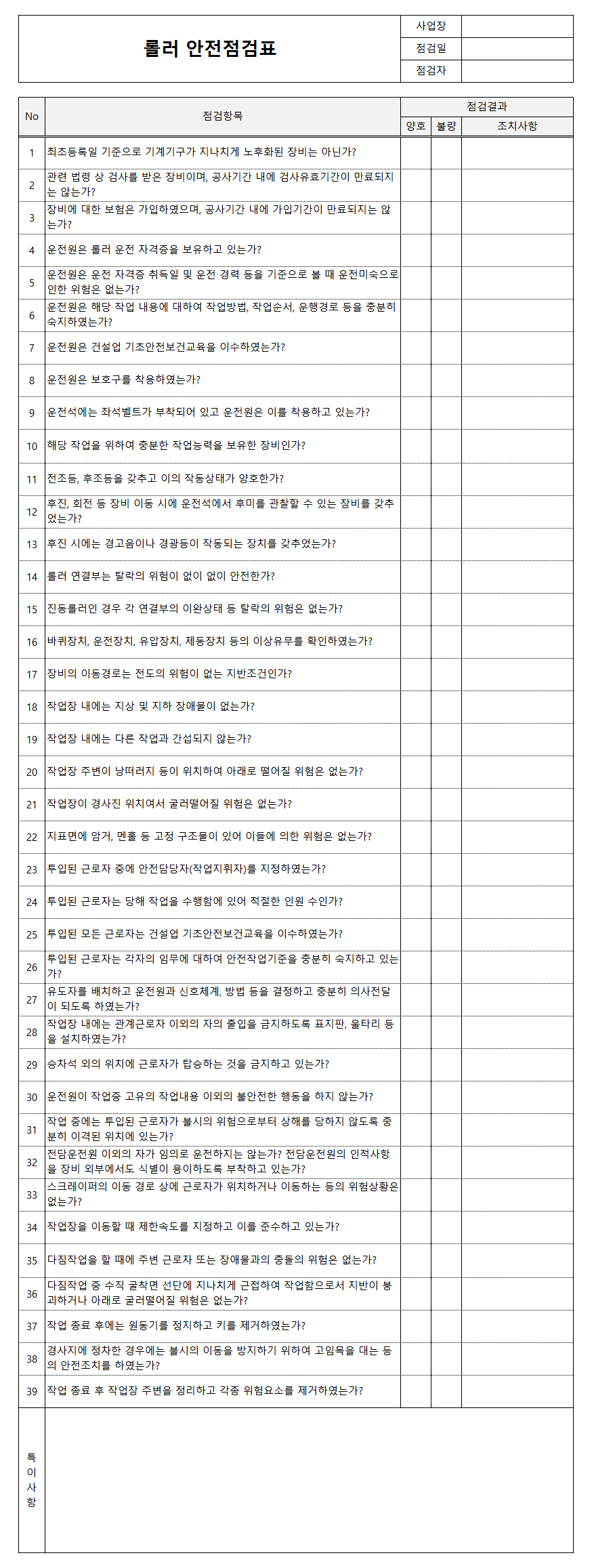 롤러 안전점검표