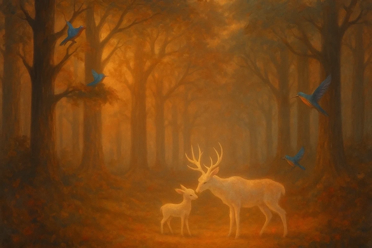 마법 같은 숲 속 사슴과 새들