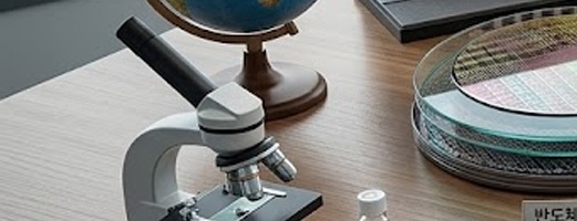 도시 전경이 보이는 사무실 책상 위에 반도체 웨이퍼&amp;#44; 전력 변압기&amp;#44; 바이오 현미경&amp;#44; 2차전지 배터리&amp;#44; 증권 분석 차트가 놓여 있는 실사 이미지