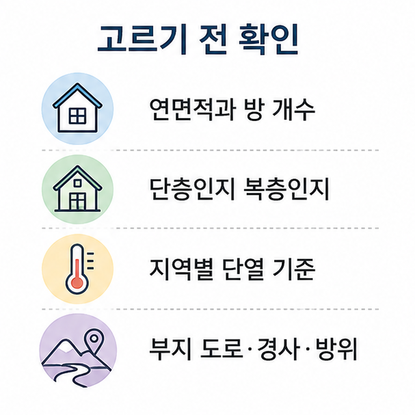표준설계도 고르기 전 확인 항목, 연면적과 층수, 지역별 단열 기준, 부지 조건을 정리한 목록