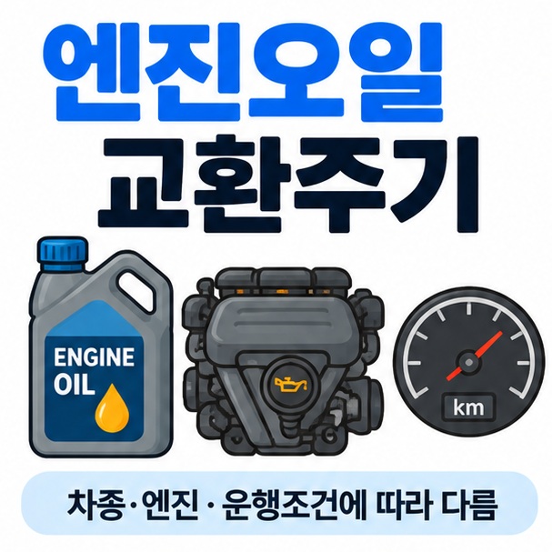 엔진오일 통과 자동차 엔진 아이콘을 중심으로 엔진오일 교환주기 문구를 보여주는 대표 카드뉴스 이미지