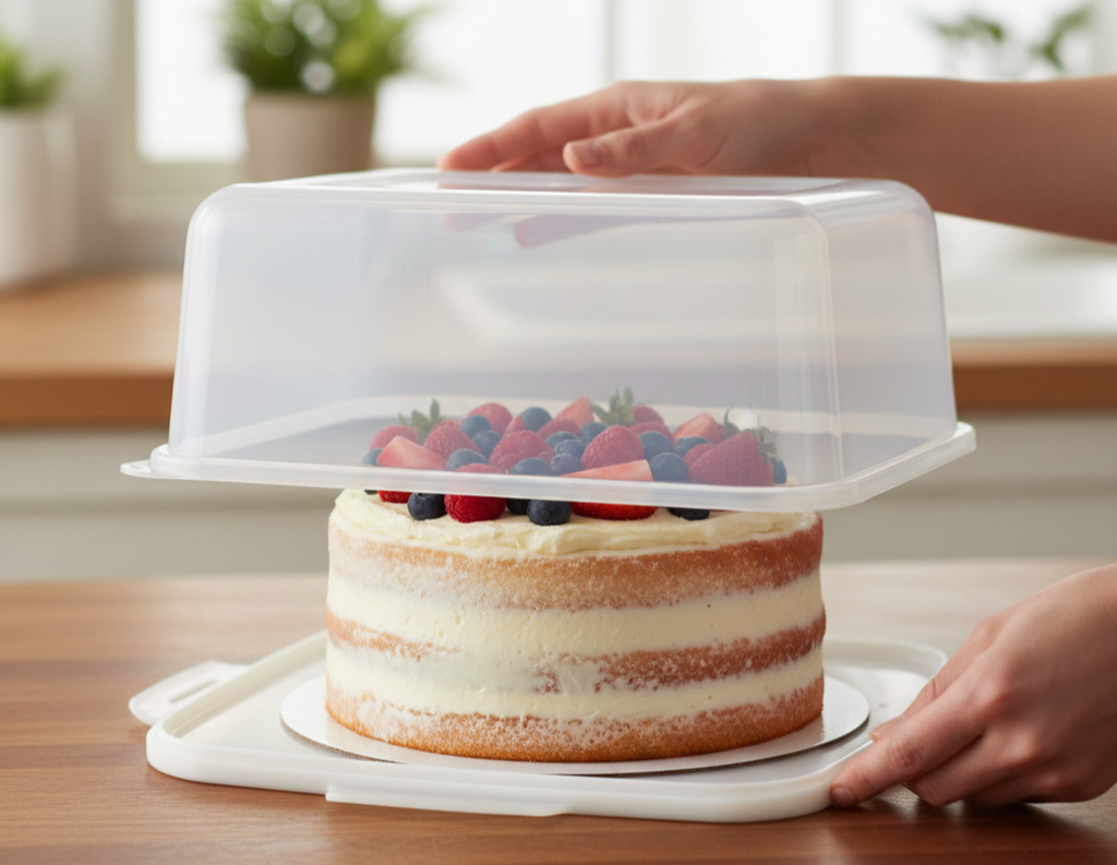 밝고 깨끗한 주방의 나무 테이블 위에서, 케이크를 밀폐용기에 거꾸로 보관하는 방법을 보여주는 사진입니다. 케이크가 밀폐용기의 납작한 뚜껑 위에 놓여 있고, 한 사람의 양손이 투명한 용기 본체를 위에서 아래로 덮으려는 순간을 포착했습니다. 케이크는 신선한 딸기와 블루베리가 듬뿍 올라간 생크림 케이크이며, 이 보관법을 통해 케이크의 모양을 무너뜨리지 않고 안전하게 덮을 수 있음을 직관적으로 보여줍니다.
