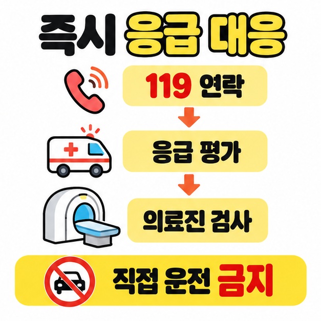 전화와 구급차, 검사 장비를 곁들여 119 연락에서 응급 평가와 의료진 검사로 이어지는 흐름 및 직접 운전 금지를 안내한 이미지