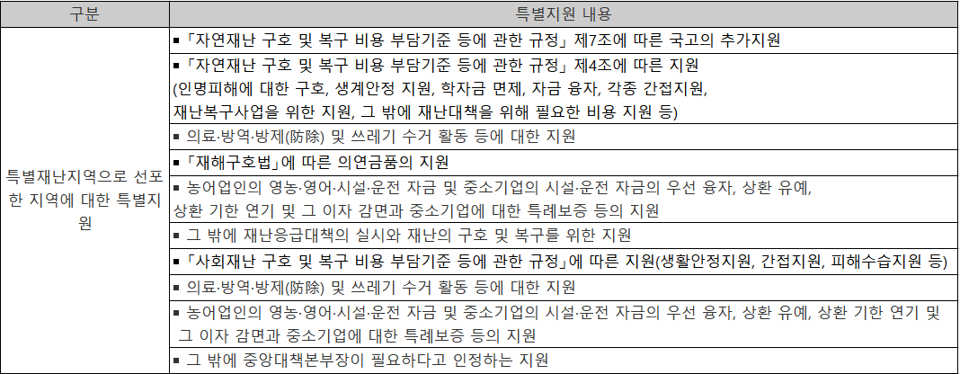 재난지역 특별지원내용