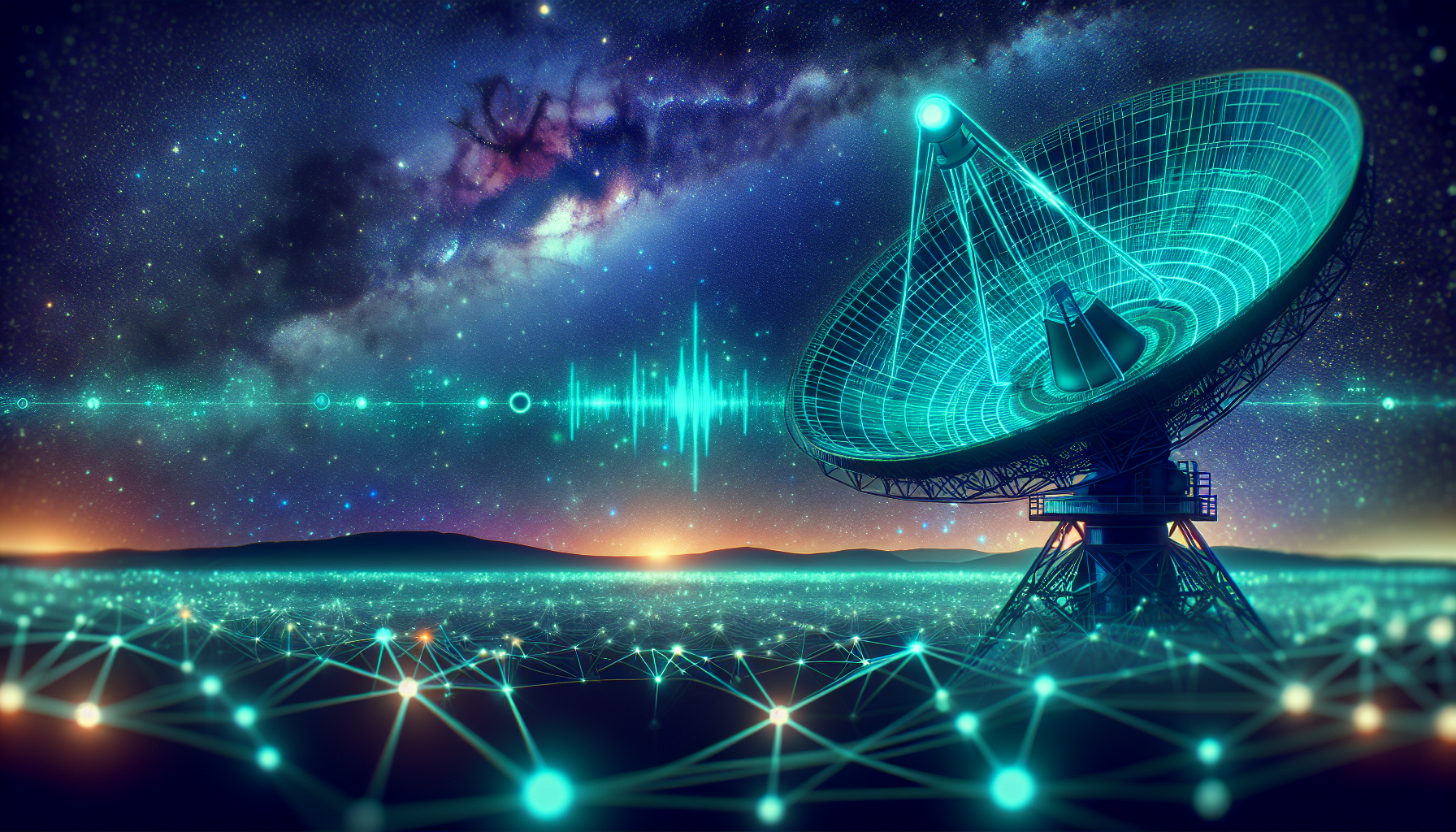 A futuristic digital illustration of a glowing radio telescope dish pointing towards a starry night sky, with a network of connecting lines representing distributed computing overlaying the image. The scene is illuminated in teal and cyan neon lights, symbolizing the SETI@home project and data analysis. In the background, a subtle waveform signal stands out among the stars.