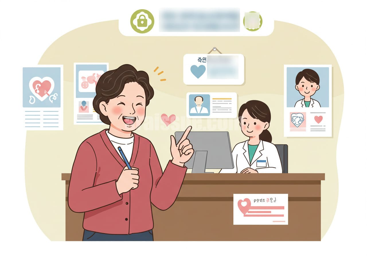 한국 중년 여성이 보건소에서 국가건강검진 등록을 하며 환한 표정으로 안내를 받고 있는 장면. 접수대와 직원, 건강정보 포스터 등으로 꽉 채워진 실내 배경이 검진 접근성 향상을 보여주는 이미지.