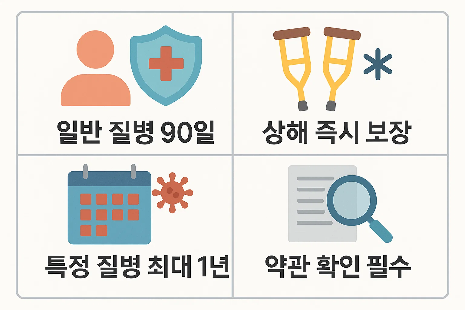 상해 즉시 보장, 일반 질병 90일, 특정 질병 1년 등 보장 조건을 비교해 정리한 실비보험 면책기간 인포그래픽.