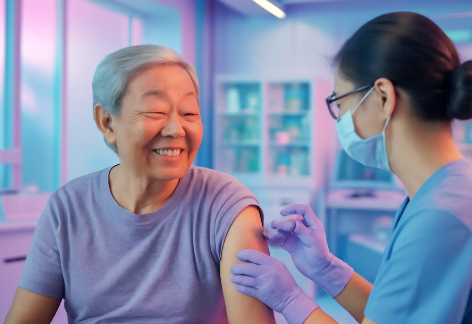 할머니가 폐렴예방 접종 맞으면서 행복해 하는 모습