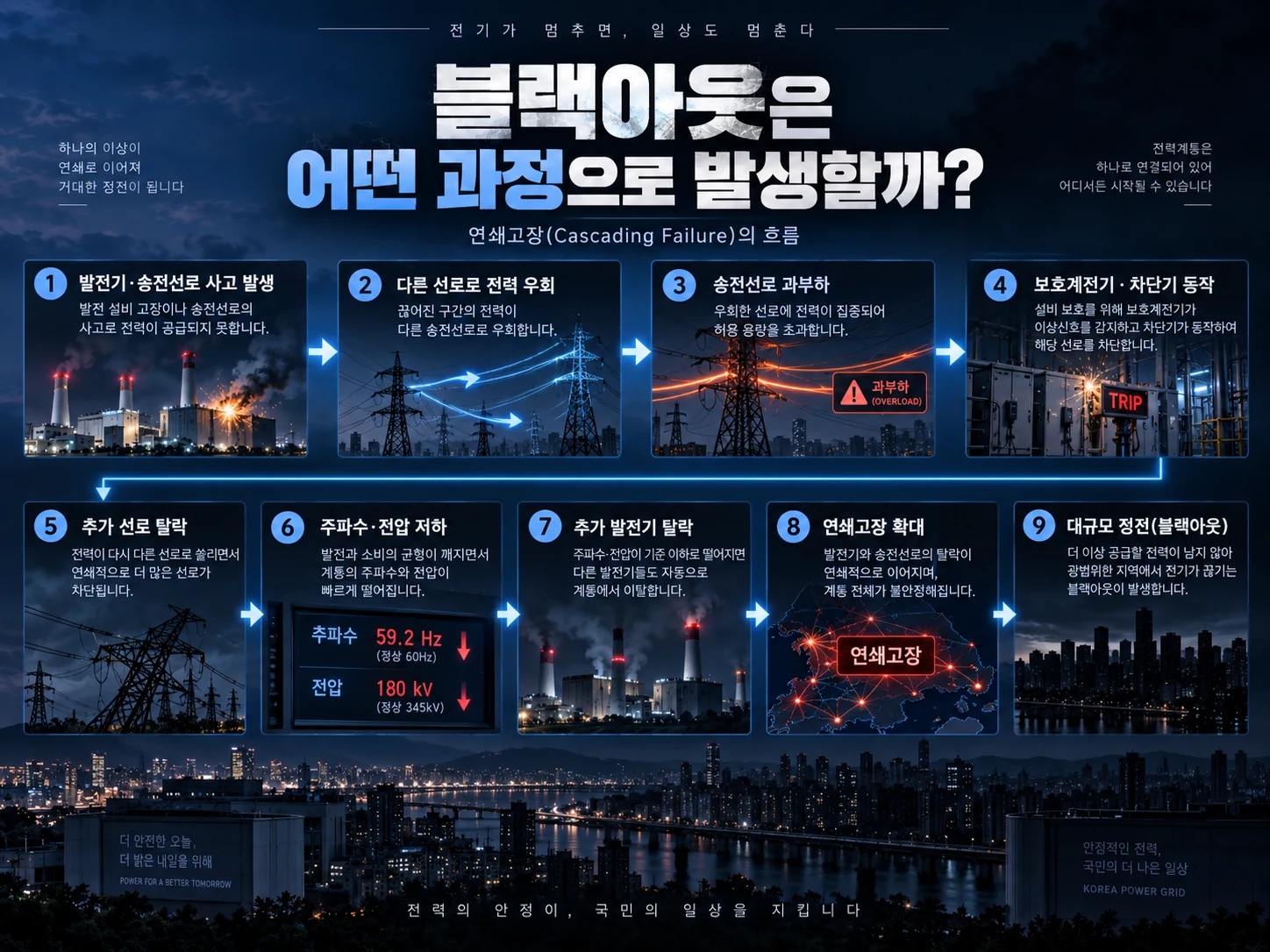 발전기 사고부터 송전선로 과부하와 연쇄고장으로 블랙아웃이 발생하는 과정