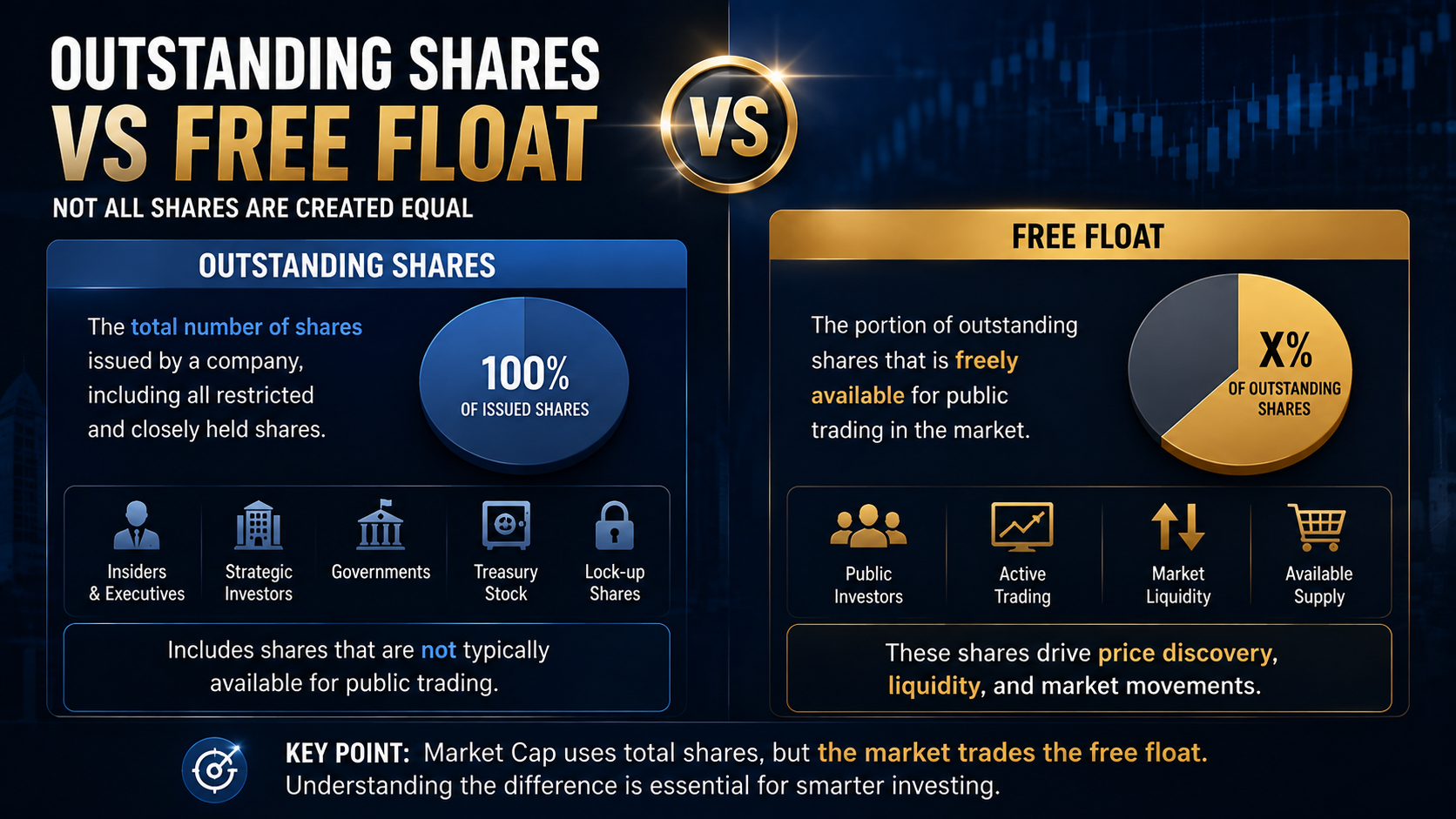Comparison of Outstanding Shares and Free Float in the stock market.