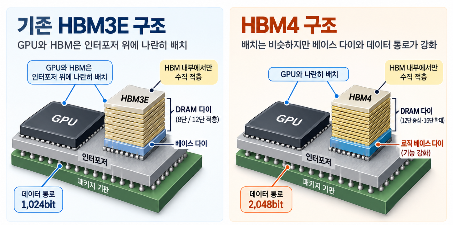 GPU와 HBM은 둘 다 인터포저 위에 나란히 배치되고, HBM 내부에서는 DRAM이 수직으로 적층된다. HBM3E는 베이스 다이와 1,024비트 데이터 통로를 사용하고, HBM4는 로직 베이스 다이와 2,048비트 데이터 통로를 사용하는 구조 비교 이미지