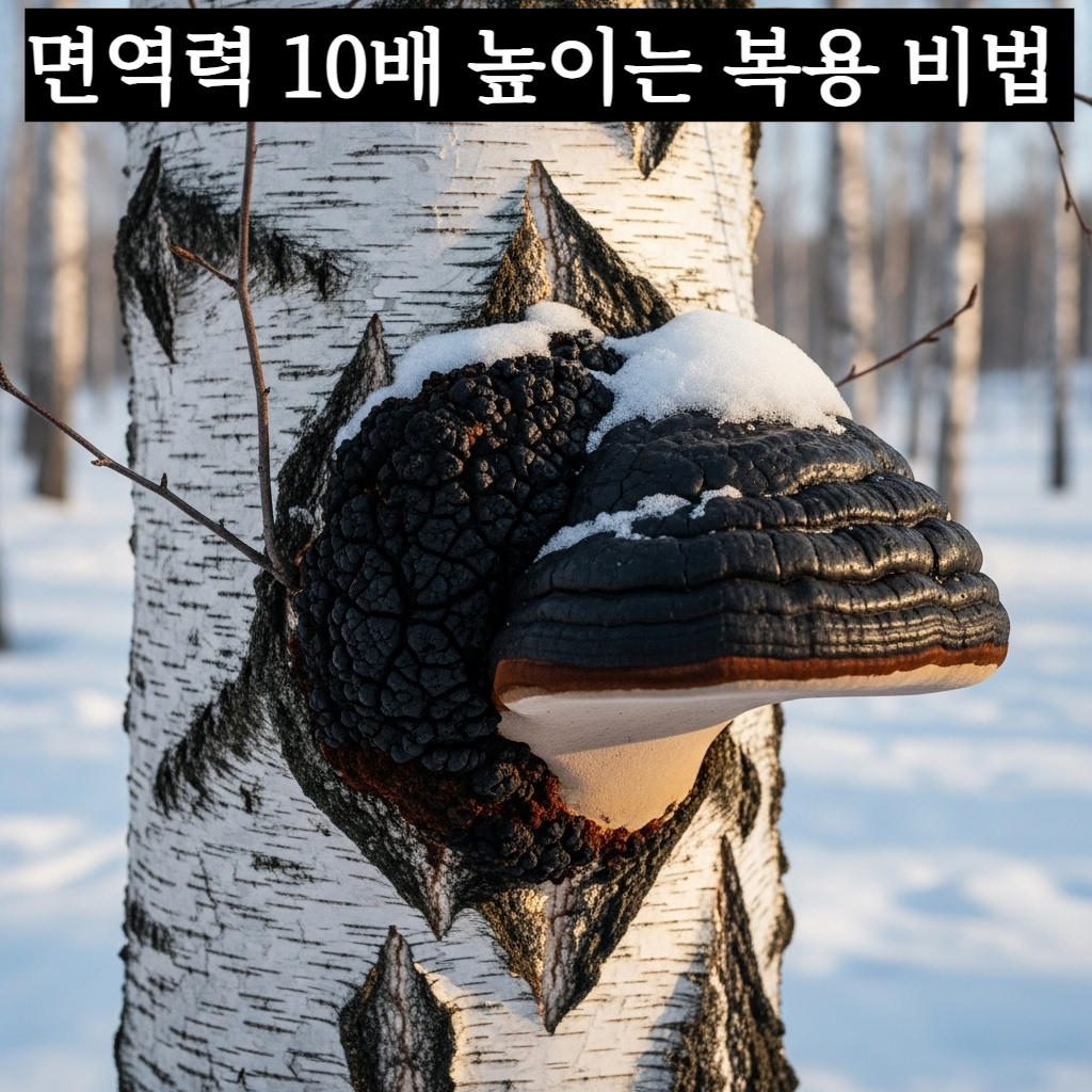 시베리아의 눈 덮인 자작나무에 단단하게 기생하여 자라난 천연 차가버섯의 모습