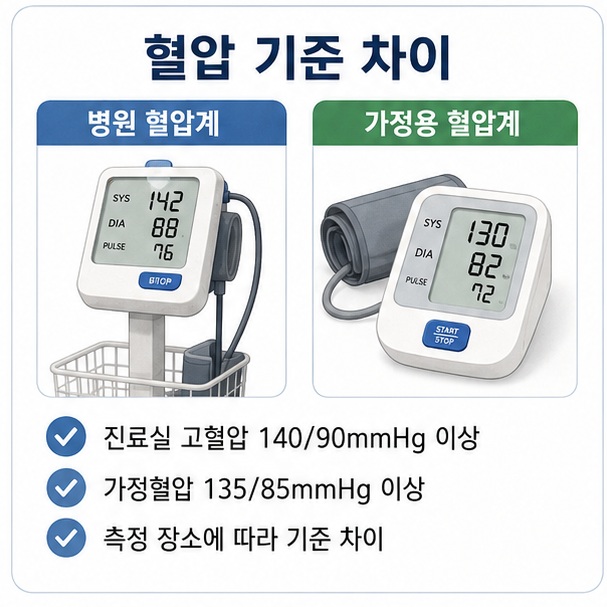 진료실에서는 140/90mmHg 이상, 가정에서 측정한 혈압은 135/85mmHg 이상을 고혈압 기준으로 확인하는 차이를 보여 주는 그림
