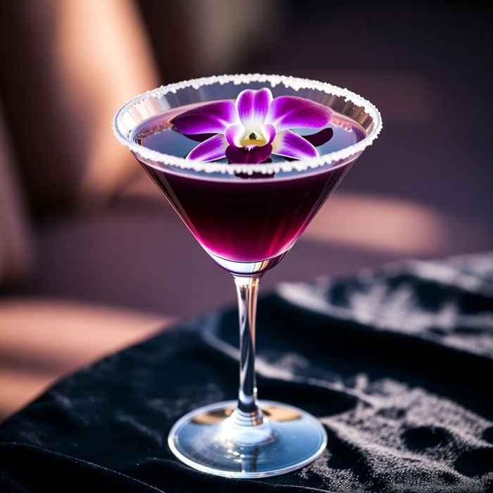 보라색 난초가 장식된 매혹적인 블랙 오키드 마티니 완성 사진