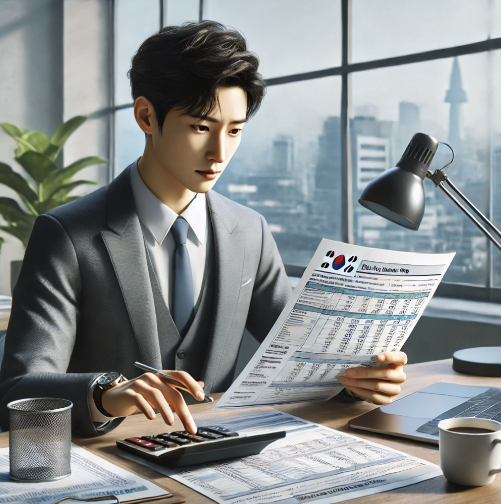 금융서류를 정리하며 공제 금액을 계산하는 모습