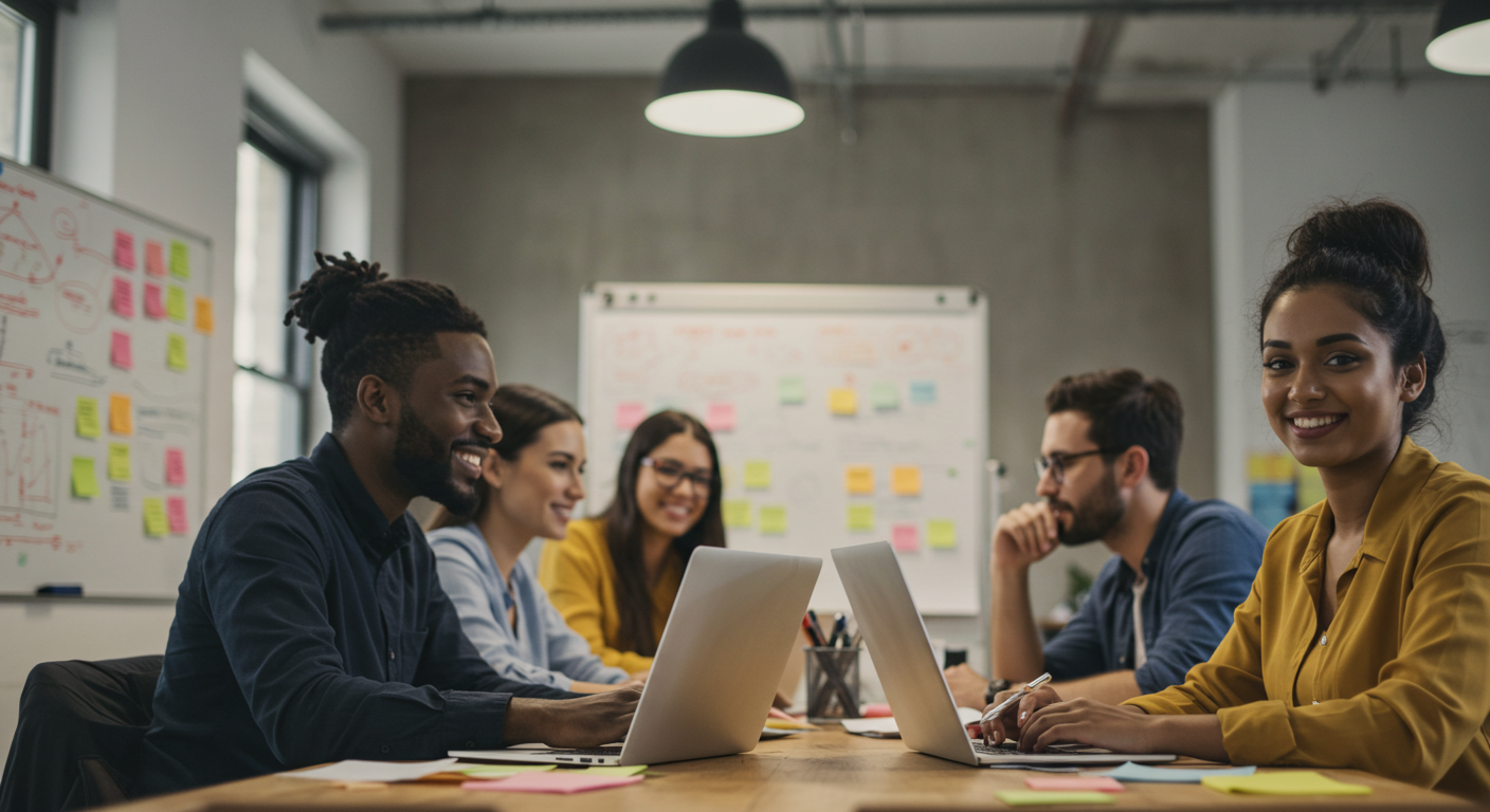 사무실 책상과 5명의 사람들,노트북