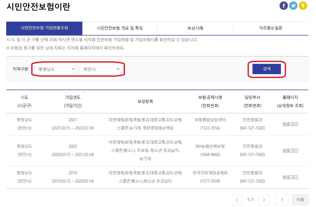 시민안전보험 가입현황 조회 결과