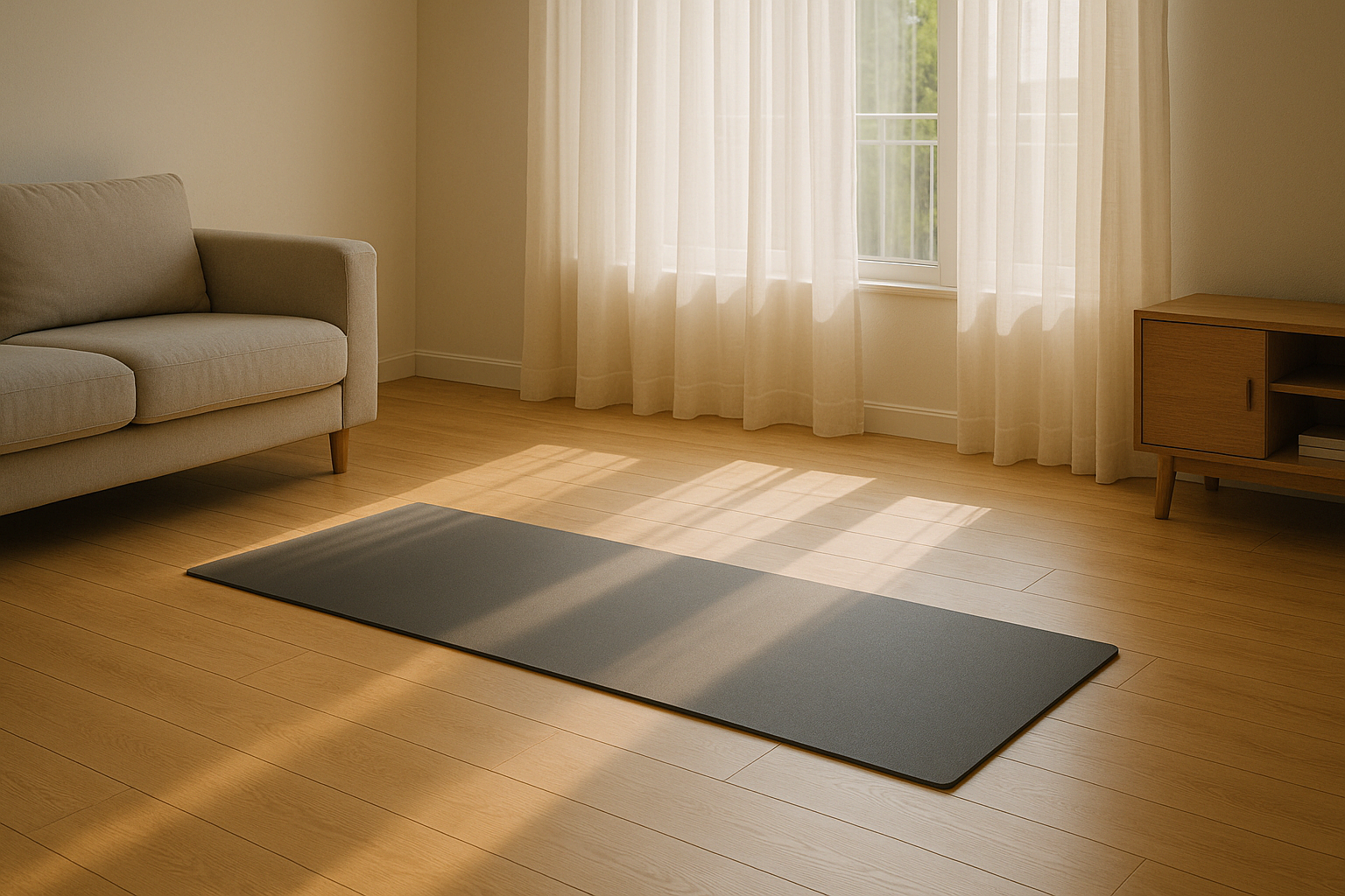 아침 햇살이 비치는 거실에 요가 매트가 놓인 스트레칭 공간