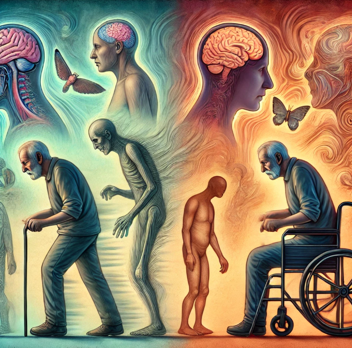 파킨슨병 치매(왼쪽) : 떨림과 느린 움직임이 먼저 나타나고, 이후에 인지 기능 저하가 진행되는 이미지, 루이소체 치매(오른쪽) : 초기부터 인지 장애가 두드러지며, 운동 장애도 나타나지만 상대적으로 덜 뚜렷함.